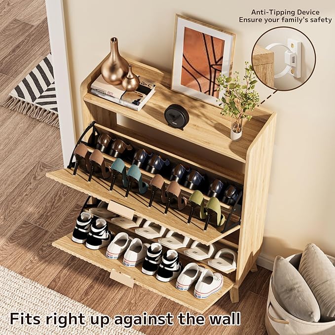 Fluted Shoe Cabinet Storage with 2 Flip Drawers, Wood Narrow Hidden Shoe Organizer with Adjustable Shelf for Entryway, Freestanding Slim Shoe Rack for Hallway Living Room, Saving Space, Oak