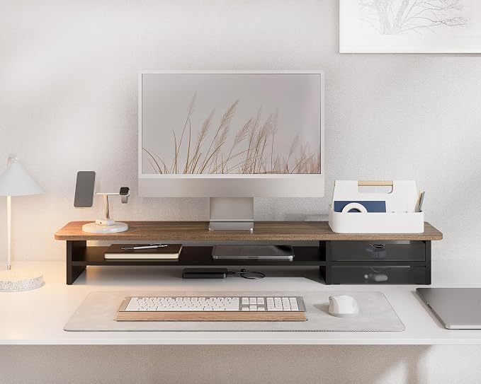 Fenge Monitor Stand, Dual Monitor Riser, 42.5inch Large Desk Computer Monitor Stand Riser with Drawer, 2 Tier Wood & Acrylic Desktop Organizer for Computer, Laptop, Printer, TV Screen Riser