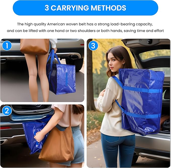 Simple Deluxe 4 Pack Extra Large Moving Bags with Lids, Reinforced Handles and Zippers, Heavy Duty Storage Tote for Moving Travel Camping Space Saving, Blue