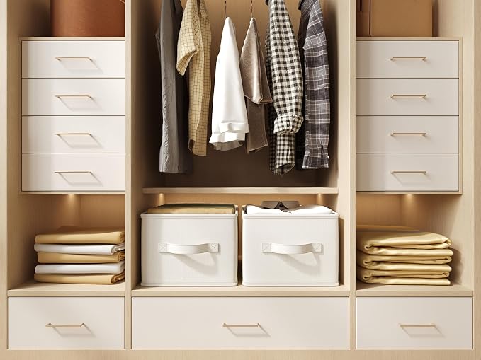 LayerSpace 3 Pack Fabric Storage Bins for Shelves | 16.25x12x10in Closet | Collapsible Bins for Organization | Linen Clothes Storage Bins | White & Ivory
