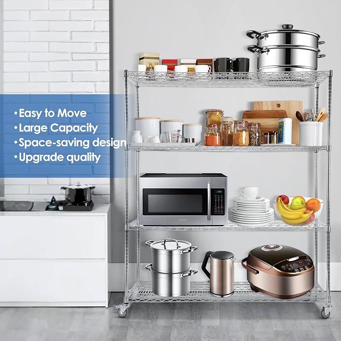 Rengue 60" W Storage Shelves with Wheels 4-Tier Heavy Duty Wire Shelving 72" H x 24" D Large Metal Storage Rack with Adjustable Garage & Pantry Shelves, 3200 LBS Commercial Grade, Chrome, Silver