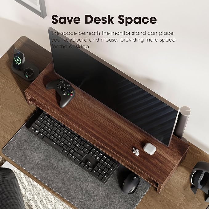 Fenge 31.5 Inch Dual Monitor Stand Riser for Desk, Brown | Wooden Desk Shelf, 2-Tier Open Storage Compartment, for PC Laptop Screen Printer, Home Office Desktop Organizer