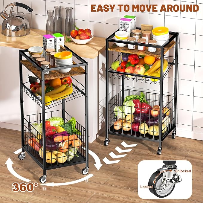 Fruit Vegetable Cart, 3-Tier Snack Cart on Wheels & Wood Top, Brown | Vegetable Rack For Kitchen, Kitchen Cart Organizer for Fruit, Vegetables, Potato, Snack