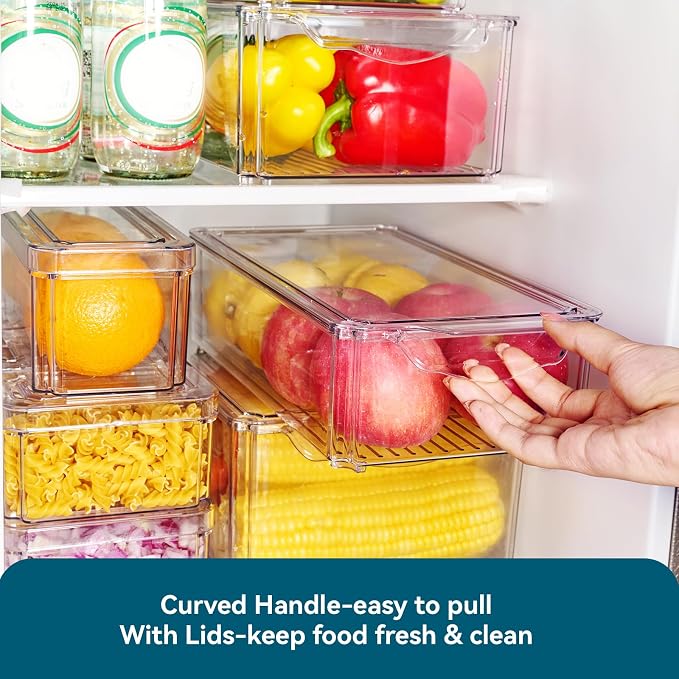 Luckore 4 Piece Refrigerator Organizer Bins, Clear Fridge Organizers and Storage, Stackable with Lids, Food Storage Containers for Fruit, Vegetable, Drinks, Cereals