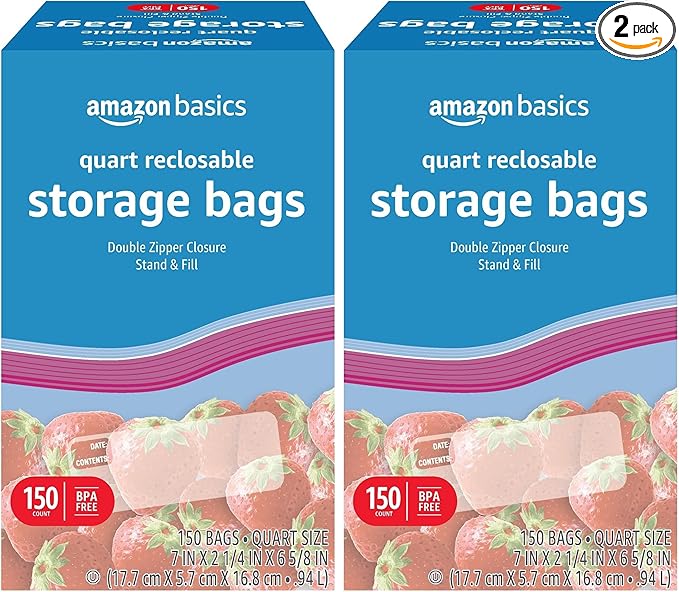 Amazon Basics Reclosable Quart Food Storage Bags, BPA Free, 150 Count (Pack of 2)