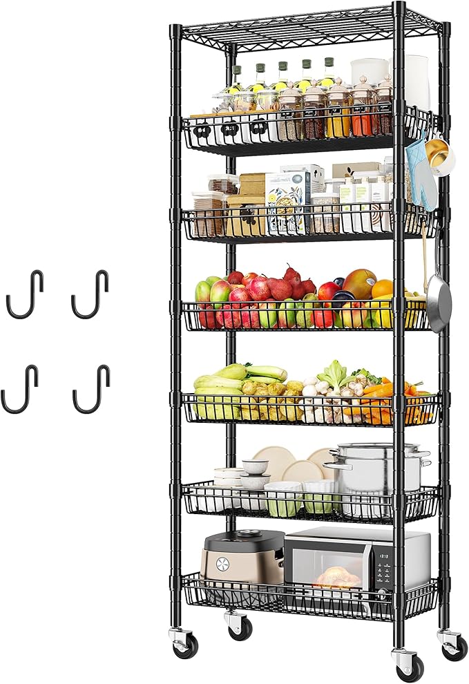 DurayLoly 7-Tier Wire Shelving Unit with Basket Shelf & Locking Wheels, Storage Shelves with Hooks for Space-Saving Kitchen Pantry Bathroom Closet Organizer, 72" H x 30" W x 14" D, Black