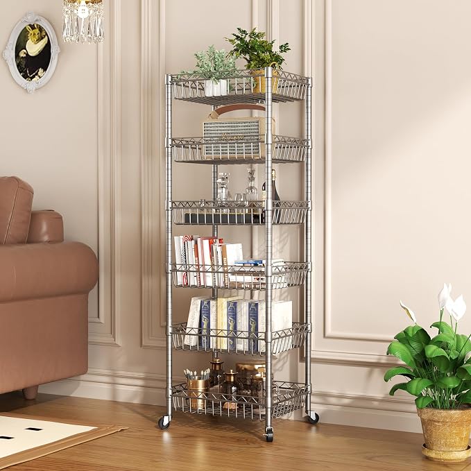 SINGAYE 6 Tier Shelf Wire Shelving Adjustable Storage Shelves Basket Rack | Adjustable Shelves with Wheels Metal Storage Unit Closet Bathroom Organizers Pantry Kitchen Garage Laundry Room Gray