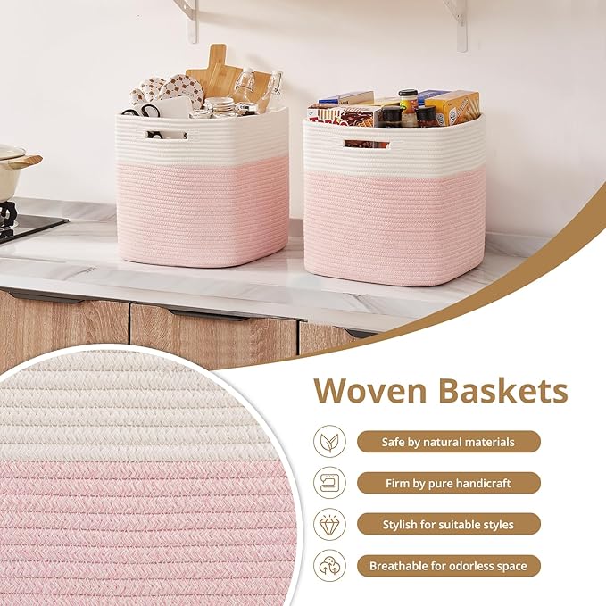 OIAHOMY 13 Inch Cube Storage Bins, 3-Pack Cotton Rope Woven Baskets for Organizing, Insert Storage Baskets for Shelves, Baby Nursery, Closet Organizer, 13 * 13 * 12.6IN, Pink & White