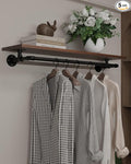 Clothes Rack 42in, Wall Mounted Garment Rack with Real Walnut Wood Shelf, Heavy Duty Hanging Clothes Rack, Multi-Purpose Hanging Rod, Space-Saving Closet Storage