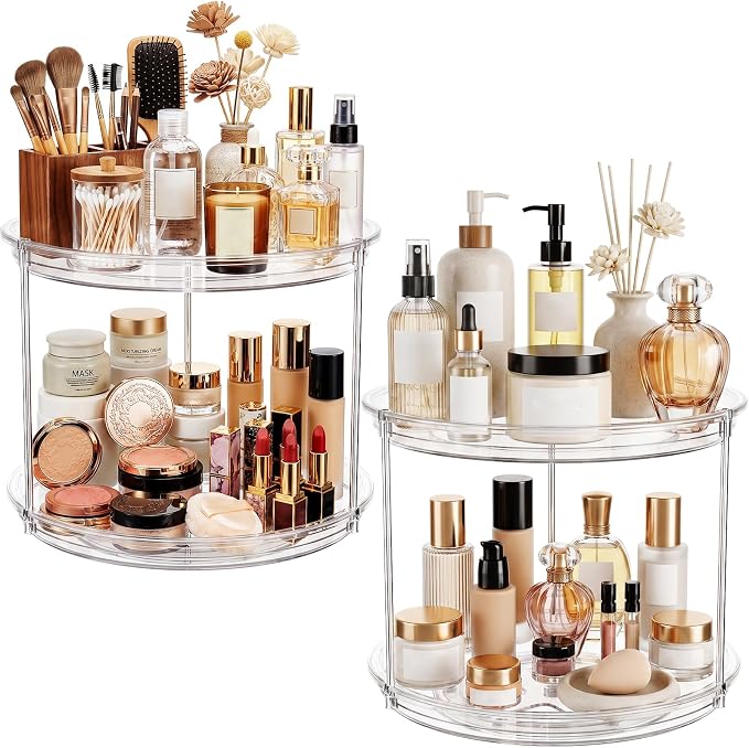 360° Rotating Makeup Organizer 2 Pack 2 Tier 9" Clear Lazy Susan Turntable Skincare Perfume Organizer Bathroom Countertop Vanity Tray Space-Saving Cosmetic Storage for Dresser