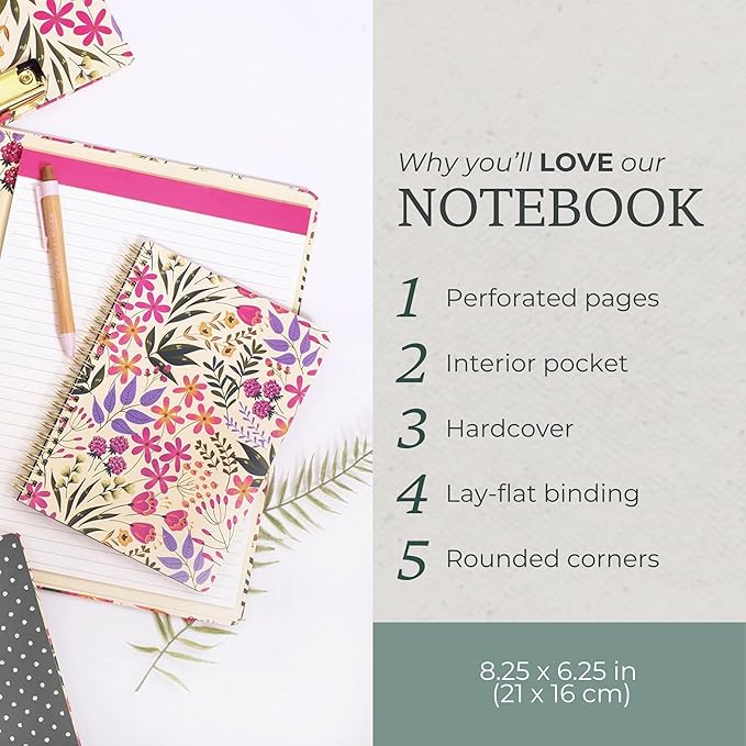 Steel Mill & Co Cute Pink/Purple Floral Mini Spiral Notebook, 8.25" x 6.25" Journal with Durable Hardcover and 160 Lined Pages, Wildflowers