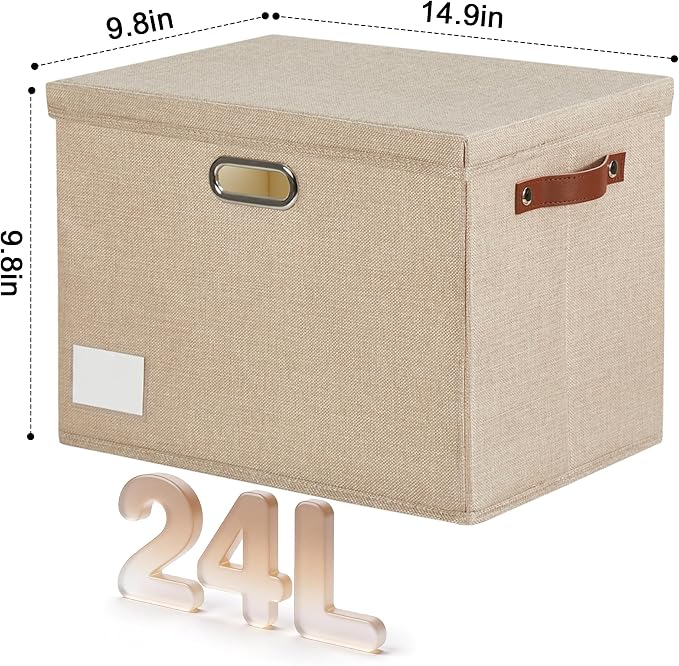 15" Large Collapsible Storage Bins with Lids, Stackable Closet Organizers with PU Handle and Labels, 3-Pack Decorative Fabric Storage Boxes for Home, Bedroom, Closet, Office, Nursery(Khaki)