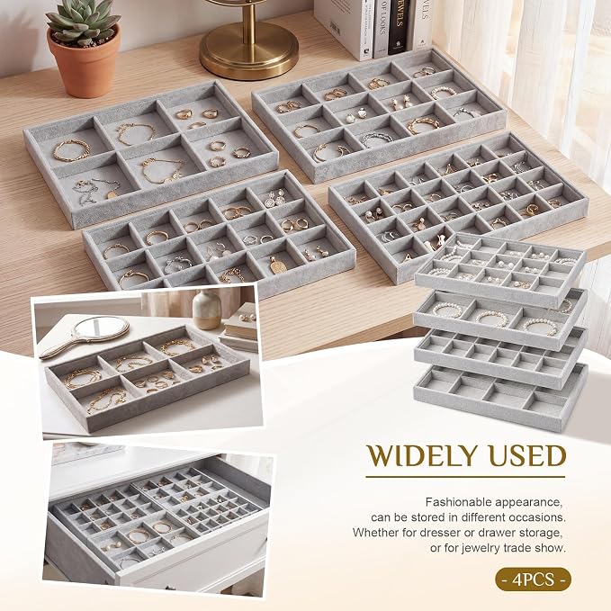 Unittype Set of 4 Stackable Jewelry Organizer Tray for Drawer Inserts Velvet Necklace Earring Bracelet Ring Holder Jewelry Display Storage Box for Bangle Stud Necklace Ring(6/12/15/24 Grid,Gray)