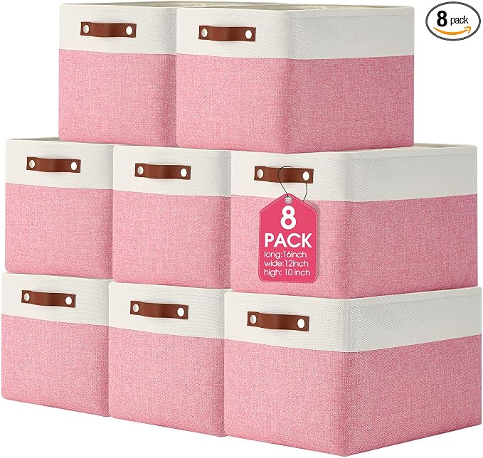 Uiifan 8 Pack 16 x 12 x 10 Inch Large Storage Baskets Collapsible Fabric Storage Cubes Bins with Handles for Shelves Closets Nursery Home Clothes Toys Organizers, Pink