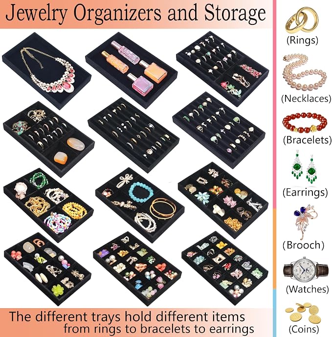 12 Pcs Velvet Jewelry Tray Stackable Jewellery Organier Trays Earrings Necklace Rings Storage Box Jewelry Drawer Display Case for Bracelet Earring Watch Accessories with Removable Dividers, Black