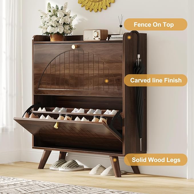 Decofy 37.6” Shoe Cabinet with 2 flip-Down Drawers, 3 Adjustable Levels, Suitable for Entryway, Hallway, Living Room (Walnut)