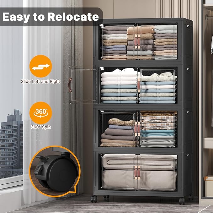 UAMFURI Stackable Storage Bins with Lids, Extra Large Plastic Organizer Cabinet Drawers, 448QT Collapsible Closet Containers with Doors and Wheels,For Bedroom, Kitchen, Office, Garage,(4Pack Cube)