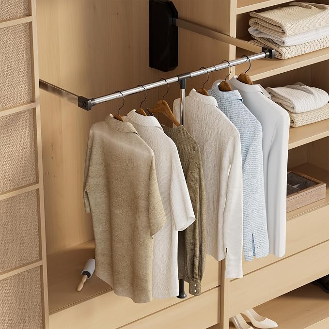 tonchean Pull Down Closet Rod, 26-35 Inch Width Adjustable | Side & back mounted, for hanging clothes, 60lbs load capacity