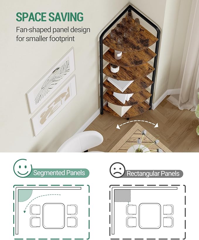 Hzuaneri Corner Shelf Stand Corner Bookshelf Standing Shelf Plant Shelf | Corner Display Rack with Metal Frame for Living Room, Bathroom, Kitchen, Industrial Style, 6 Tier Rustic Brown CS06601B
