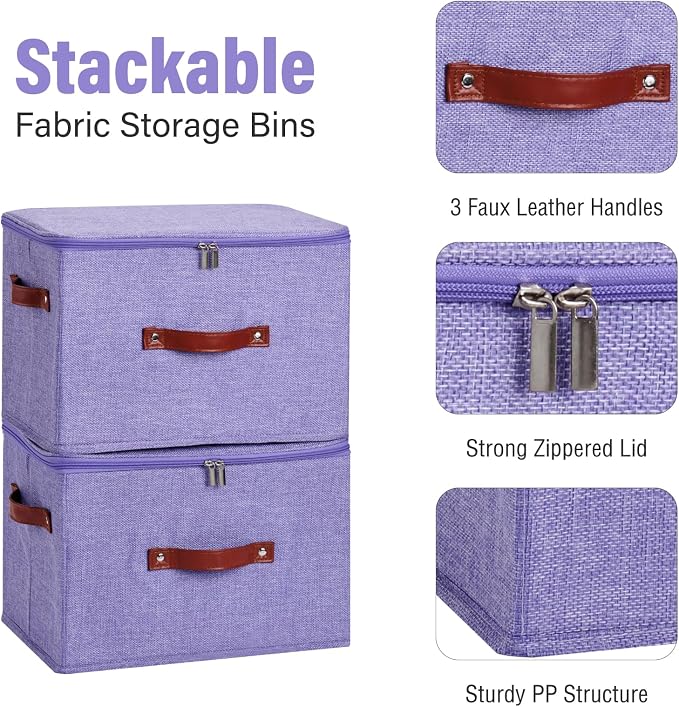 3PCS Storage Bins Boxes with Zippered Lids Cotton Linen Fabric Decorative Basket PU Leather Handles PP Plastic Board Foldable Lidded Clothing Shelf Closet Organizer Container (Purple, Large)