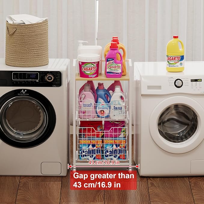 Hongtamoya 3 Tier Laundry Room Cart with Pull-Out Baskets, Storage Cart with Wheels, Rolling Cart with Wood Top Metal Bathroom Laundry Room Organization Mobile Shelf Unit Organizer Trolley, White