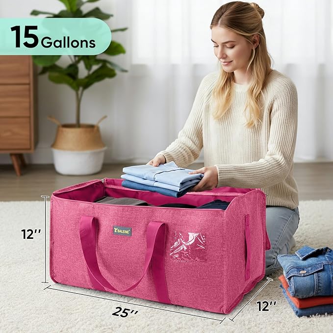 BALEINE Extra Large Storage Tote with Zippers & Carrying Handles, Heavy-Duty Oxford Fabric Moving Bags for Laundry, Space Saving, Storage, Berry Red