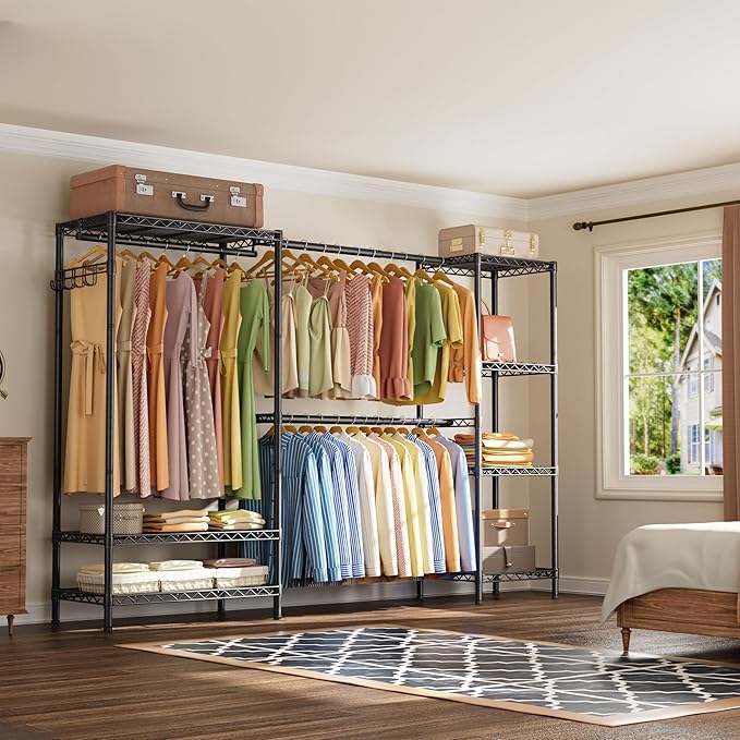 Golpart Heavy Duty Garment Rack Clothes Rack,Large Metal Closet Organizer System Storage Wardrobe,Freestanding Clothing Rack with 7 Adjustable Wire Shelves&3 Hang Rods,MaxLoad 1500lbs