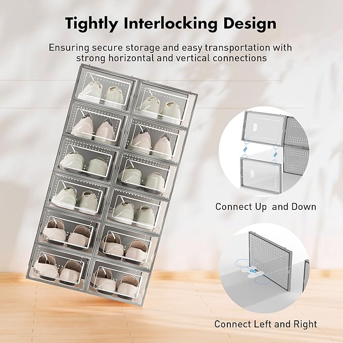 Foluck Shoe Storage Box, 15 Pack Clear Plastic Stackable Organizer for Closet, Interlocking Design Shoes Container Bins for Sneakers, Foldable Shoe Rack with Lids, Grey