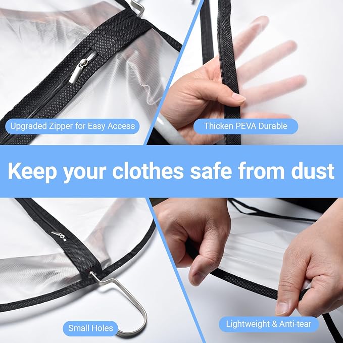 Garment Bag Covers (24''X55'' Set of 12) Lightweight White PEVA Breathable Bags with Study Full Zipper for Coat Protector Travel Laundry Wardrobe Closet