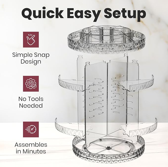 360 Rotating Makeup Organizer Diamond Design - Adjustable Shelf Height and Fully Rotatable - The Perfect Round Spinning Cosmetic Organizer for Bedroom Dresser or Vanity Countertop Storage (Clear)