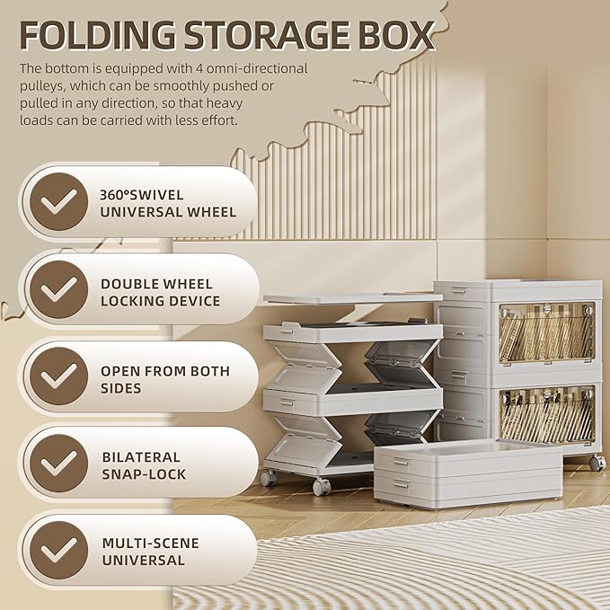 64 QT / 16 Gal Foldable Storage Cabinet with Clear Doors - 3-Point Locking System per Panel, Heavy Duty Casters, Collapsible Design for Warehouse/Office/Home Organization