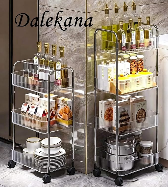 3-Tier Clear Utility Rolling Cart with Wheels for Kitchen & Bathroom | Lightweight-usage, Easy assembly, Multifunctional storage organizer, Clear, 8.2”W * 13”L * 25.8”H