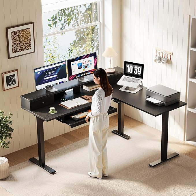 OffiGo 59 Inch L Shaped Electric Standing Desk with Drawers, Black | Monitor Stand, Keyboard Tray, Fabric Drawer, Power Outlets, Height Adjustable Corner Stand Up Desk for Organized Home Office