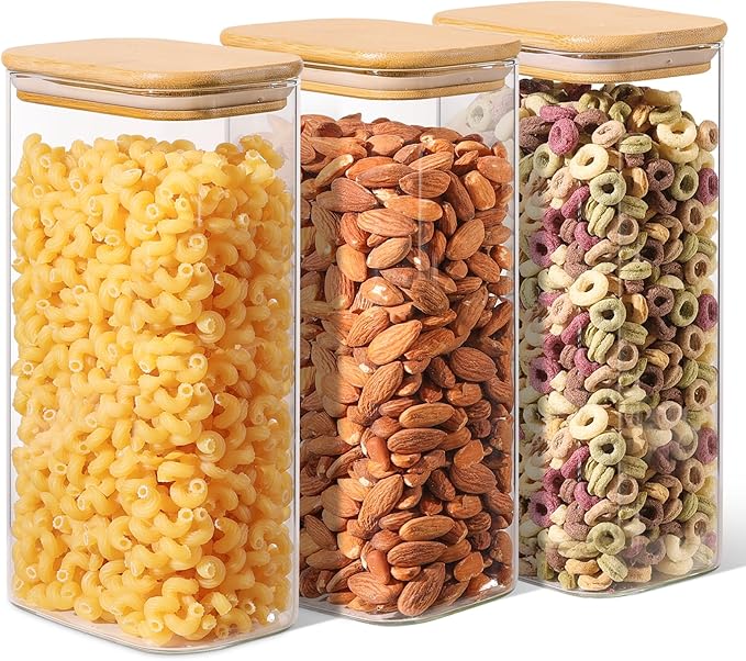 ComSaf Glass Storage Containers With Lids 1.8 Qt, 3 Pack Pantry Organizers | Rectangle Glass Pantry Storage Containers, Glass Jars With Bamboo Lids, Cereal Container Storage Flour, Sugar, 54oz, BPA Free