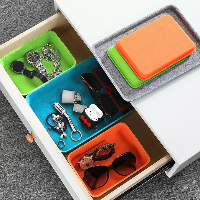 Welaxy stackable Lidded drawer organizer bins home office work desktop storage box with lid for junk makeup stationery decluttering sorting 3-pack gift idea (Orange + Green + Turquoise)