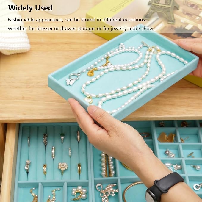 Stackable Jewelry Organizer Trays for Drawer, Set of 4 Velvet Jewelry Drawer Inserts in Dresser, 8in Storage Display Case for Rings Stud Necklaces Accessories(Blue)