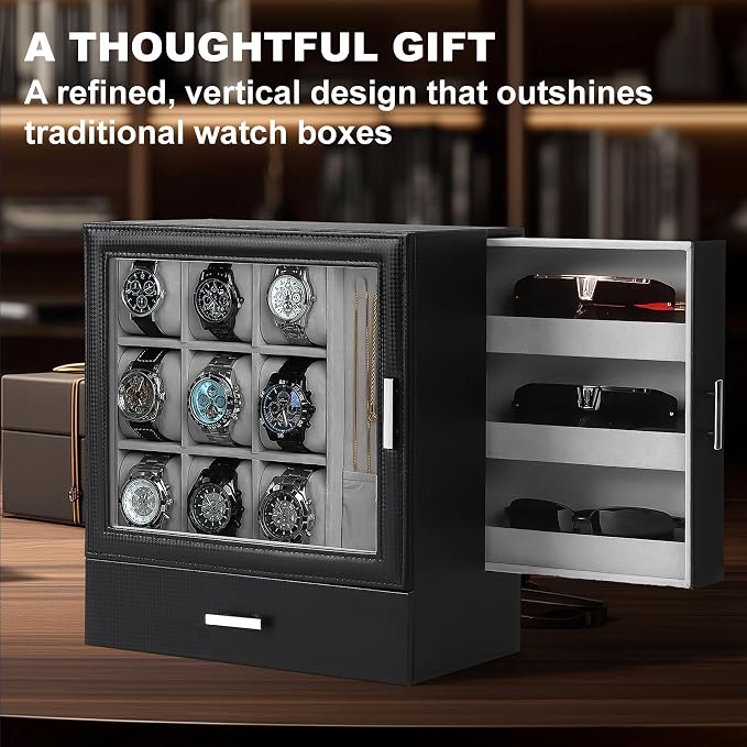 Kukikan 9-Slot Watch Display Case with Necklace Display, High End Men Jewelry Box w/Drawer, Standing Watch Box for Men w/Clear Lid, Watch Case for Sunglasses, Vertical Storage, Fathers Day Gift