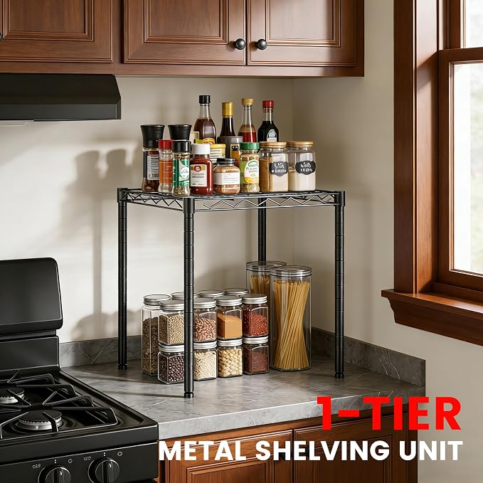 Xcity Storage Shelves, 1 Tier Heavy Duty Metal Shelving Unit, 350 LBS Adjustable Steel Wire Shelf for Commercial, Pantry, Kitchen, Garage, 14" D x 14" W x 15" H, Black