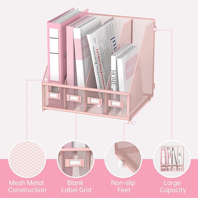 SUPEASY Magazine File Holder Desk Organizer, Metal Binder Holder with 4 Vertical Compartments for Office Home School, Pink