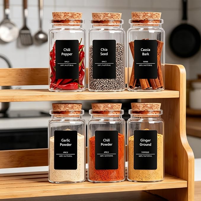 Spice Jar Labels - 275pcs Black Preprinted Waterproof Stickers for Pantry Organization for Kitchen Jars Caps Food Containers Spice Organizers