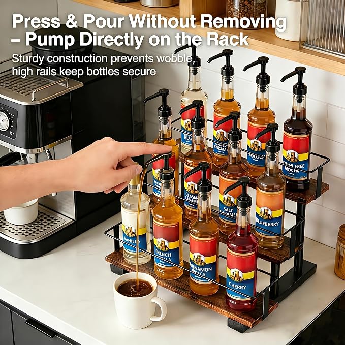 3-Tier Coffee Syrup Rack, Holds 12 Bottles, Rustic Wood & Metal | Stepped display for coffee bar, fits liquor, spice jars & extracts, space-saving countertop.