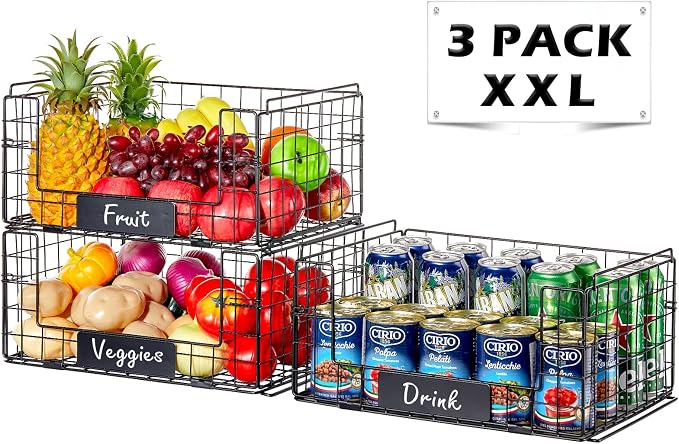 3 Pack XXL Stackable Wire Baskets with Handles & Name Plates | Pantry Organizers and Storage, Snack Organizer & Vegetable Basket & Metal Pantry Bin, Large Capacity, Durable and Sturdy