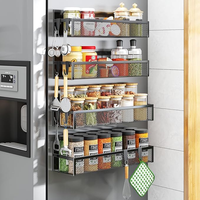 Aufworld Magnetic Spice Rack for Refrigerator, 4 Pack Magnetic Shelf, Fridge Magnet Organizer with Moveable 8 Hooks, Magnetic Fridge Shelf for Kitchen Organization and Storage (4 Pack)