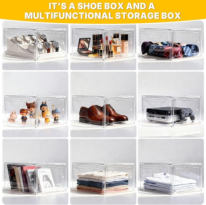 Stackable Clear Pink Shoe Boxes 6 Pack with Magnetic Door, Drop Front Sneaker Storage Organizer for Closet, Large Transparent Plastic Shoe Storage Containers
