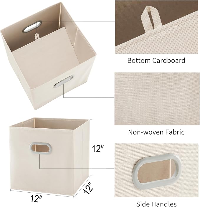 MAX Houser 6 Pack Foldable Fabric Storage Bins with Handles - Ideal for Closet Organization, Bedroom （Beige,12"x12"x12"）