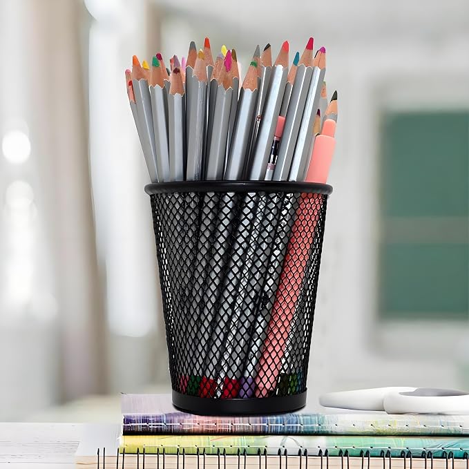 AIMI Pencil Case 5pcs Large Capacity Container Metal Mesh Pen Cup Office School Home Desk Pen Storage Organizer Can Makeup Holder Round Black