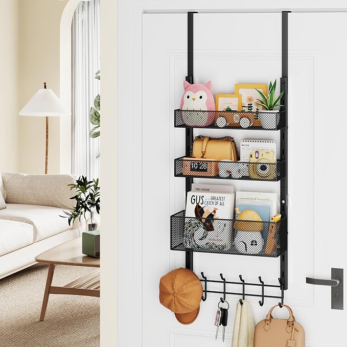 HapiRm Over The Door Hanger with Coat Hooks and 3 Baskets, Rustproof Over The Door Hooks, Storage Organizer for Hats, Towels - Black