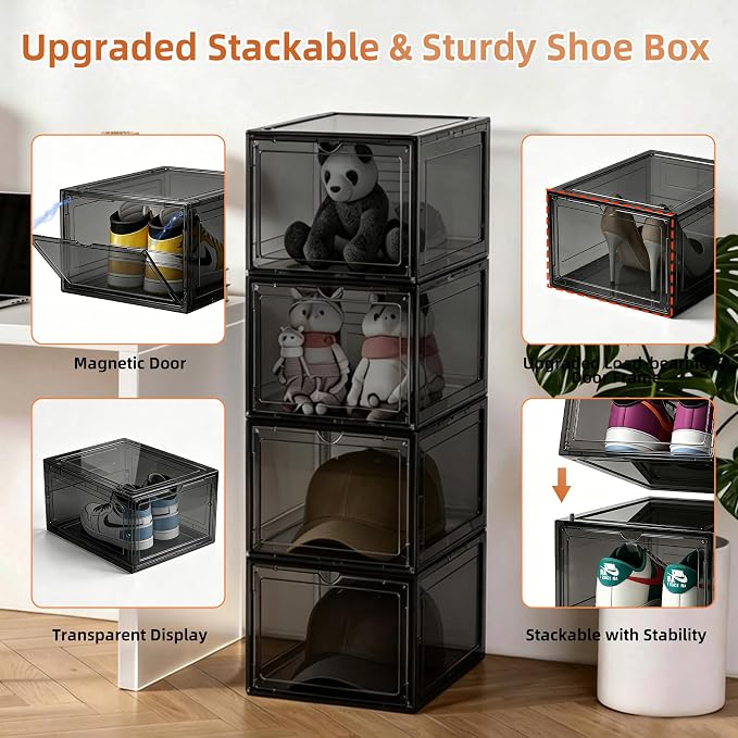 KEFA XL Shoe Storage Box, 8 PACK Shoe Boxes Clear Plastc Stackable Organizer, Clear Plastic Shoe Boxes Fit for US 15 (8 PACK GRAY)