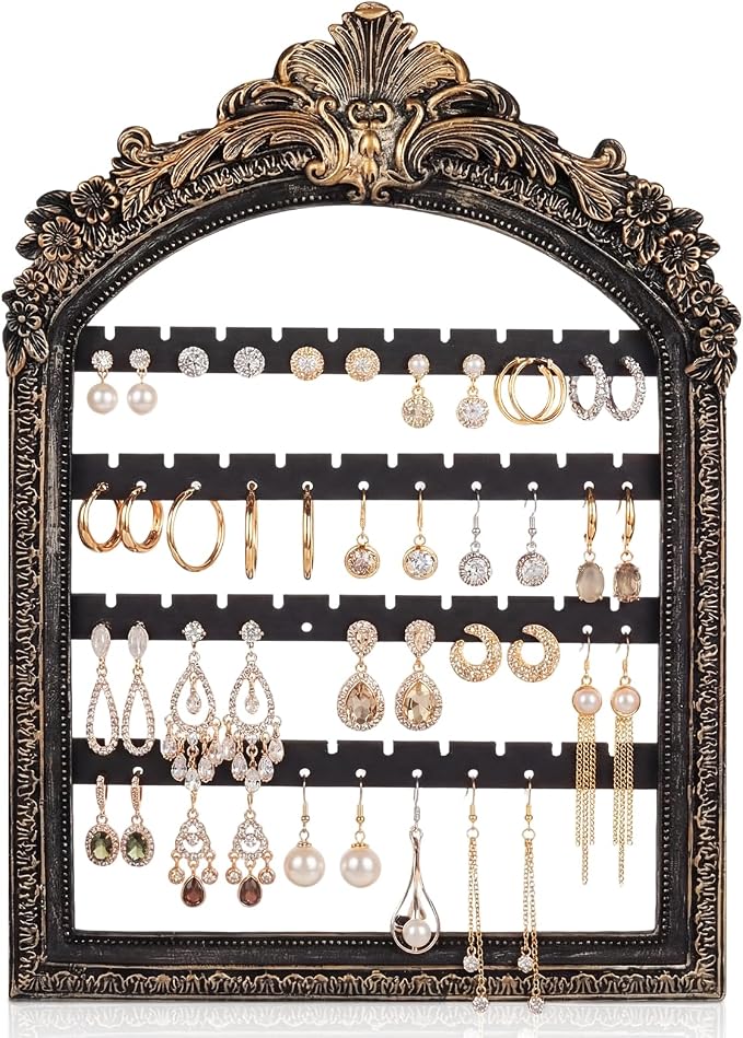 13 x 9.3'' Wall Hanging Earring Holder Black Vintage Jewelry Frame Organizers 4 Layer Wall Mounted Earrings Display Rack with Hooks Decorative Retro Jewelry Display for Necklaces