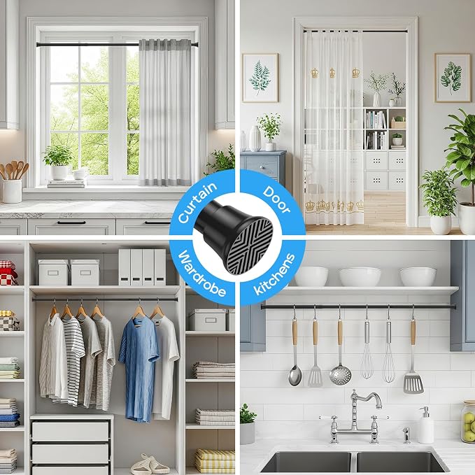 Spring Tension Rods 24-46 Inch, 2Pcs Black Adjustable Tension Curtain Rod, Spring Curtain Rods No Drilling Expandable Pressure Spring Tension Rods for Curtains, Closet, Kitchen, Doorway